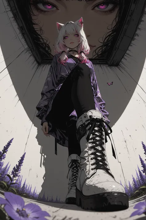 HDR photo of clean style (texture:0.81),exponential,[(quasarcake:0.65):crain1art:21],(xxyt-xx:0.85),chen bin,berryverrine,knee up,white_boot,black_leggings,fisheye,perspective,apothecary,(safe),
limited color,Maximalism artstyle,Geometric artstyle,Butterfl...