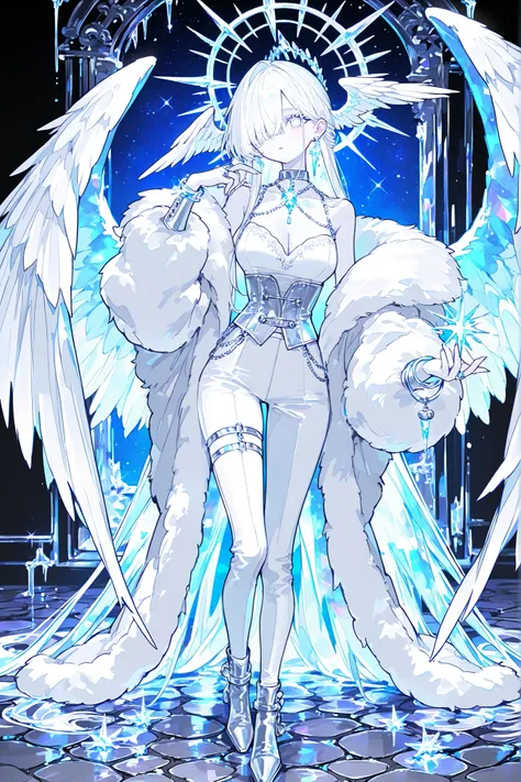 (ral-crystalz,glowing,xxx667_illu,) (feathered head wings, silver-white head wings,) The winged woman is angel. She has a mature bodybuilding with big breasts , thin waist and wide hips. She has sparkling white skin. She has fluffy feathered winged ears on...