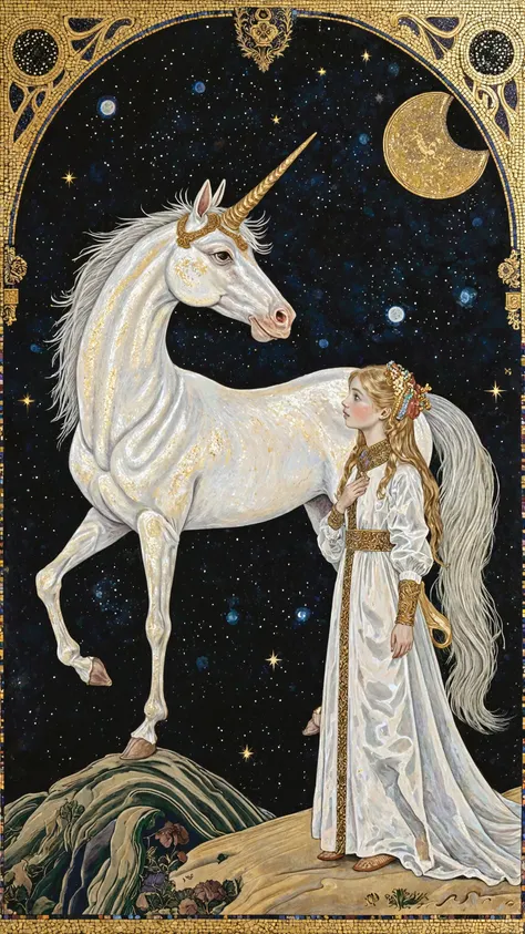 A pure white unicorn and a girl, the girl dressed in a medieval-style white dress, with beautiful long blonde hair,Mysterious night sky, mysticism,tranquility,Decor reminiscent of the Middle East,iconic,Buddhist artstyle,a fusion of Western and Japanese be...
