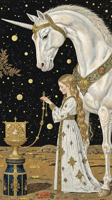 fullbody,A pure white unicorn and a girl, the girl dressed in a medieval-style white dress, with beautiful long blonde hair,A unicorn is guiding a girl,Mysterious night sky, mysticism,tranquility,Decor reminiscent of the Middle East,iconic,Buddhist artstyl...