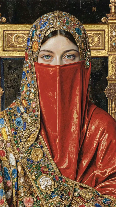 The Veiled young woman,Sitting in a chair,upper body shot,Her beautiful face is hidden by a veil, only her striking, powerful blue-green eyes visible,A bright red veil adorned with abundant gold and jewels,tranquility,Decor reminiscent of the Middle East,i...