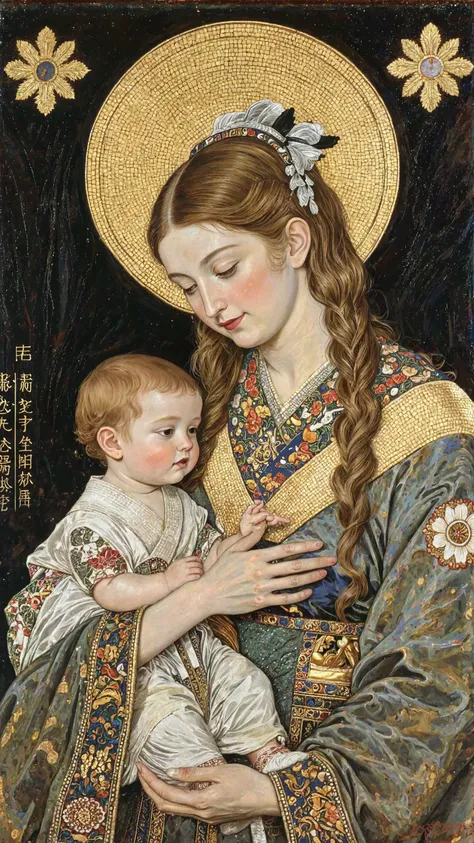 young mother,holding a baby,blonde,long hair,A smile that brings peace, hand resting on her chest,tranquility,Decor reminiscent of the Middle East,iconic,Buddhist artstyle,a fusion of Western and Japanese beauty,Japan's unique gold leaf techniques and the ...