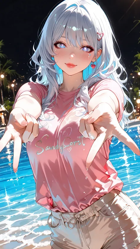 One beautiful girl,((Beautiful colored light, Sandy coast:1.4)), Sparkle in the eyes, Glossy lips, slender body, Sensual Body, 4 fingers, (gyaru v ), Beautiful skin that repels water, standing quietly surrounded by natural light, High Quality, Realistic Po...