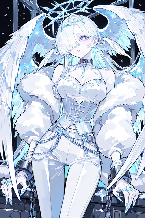 (ral-crystalz,glowing,xxx667_illu,) (feathered head wings, silver-white head wings,) The winged woman is angel. She has a mature bodybuilding with big breasts , thin waist and wide hips. She has sparkling white skin. She has fluffy feathered winged ears on...