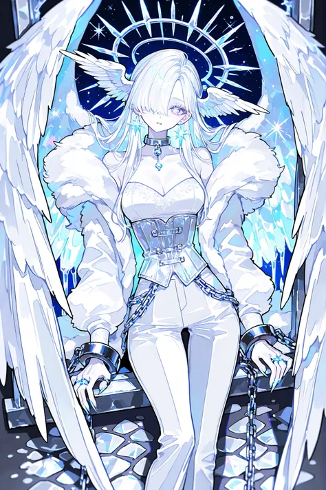 (ral-crystalz,glowing,xxx667_illu,) (feathered head wings, silver-white head wings,) The winged woman is angel. She has a mature bodybuilding with big breasts , thin waist and wide hips. She has sparkling white skin. She has fluffy feathered winged ears on...