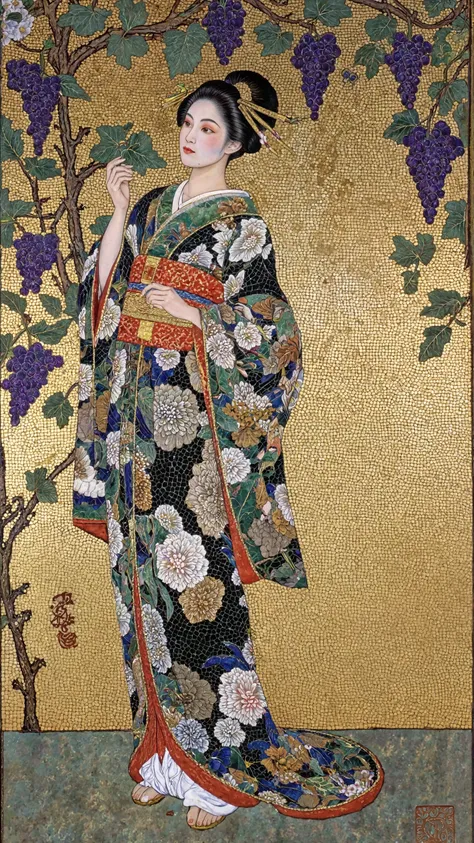 nihon-ga painting style,fullbody,Depicting a beautiful Eastern tall young woman,wearing kimono,Her legs are hidden by her kimono,At the top of the painting, grapes hang from vines, and a woman reaches out to touch them,Decor reminiscent of the Middle East,...