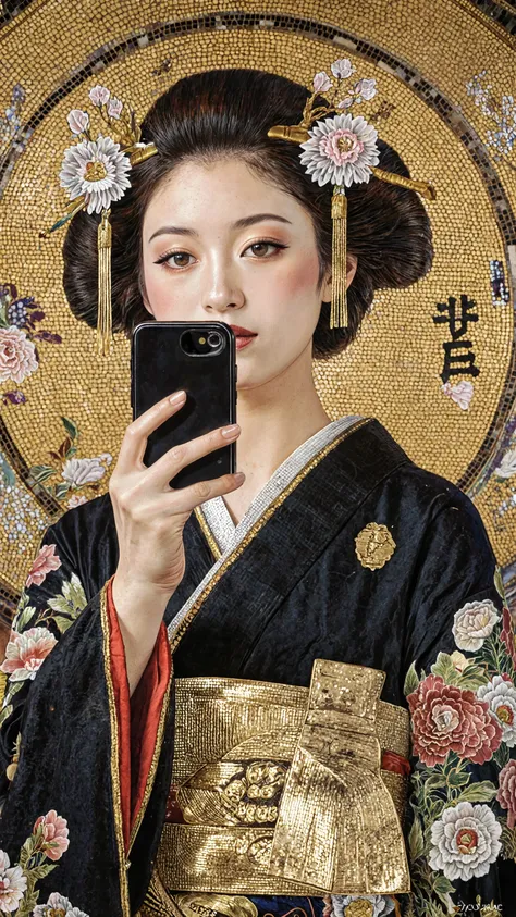 A girl,taking a selfie,wearing kimono,v sign,looking at smartphone,Decor reminiscent of the Middle East,iconic,Buddhist artstyle,a fusion of Western and Japanese beauty,Japan's unique gold leaf techniques and the rich texture of oil paintings,Simple yet s...