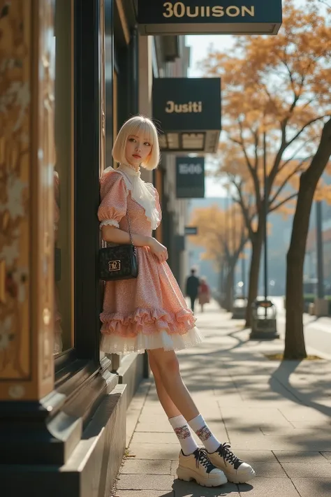 8K resolution dynamic side-angle scene of a 16-17-year-old Japanese girl with a blonde bob haircut, brown almond eyes, and a bright, playful, mischievous smile, featuring realistic anatomy, natural body proportions, and symmetrical features, in a reimagine...