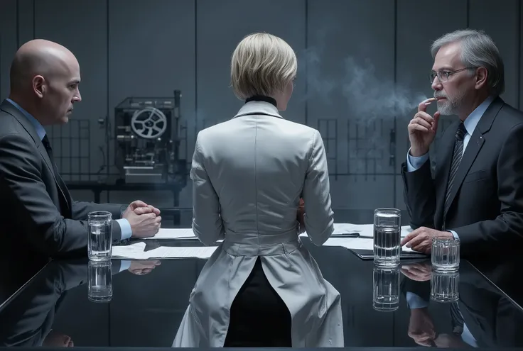 Create an ultra-realistic 4K cinematic scene set in a cold, modern interrogation room, teeming with tension and atmosphere. The environment is minimalist, dominated by blue-gray tones and soft lighting that casts subtle reflections on a glossy black glass ...