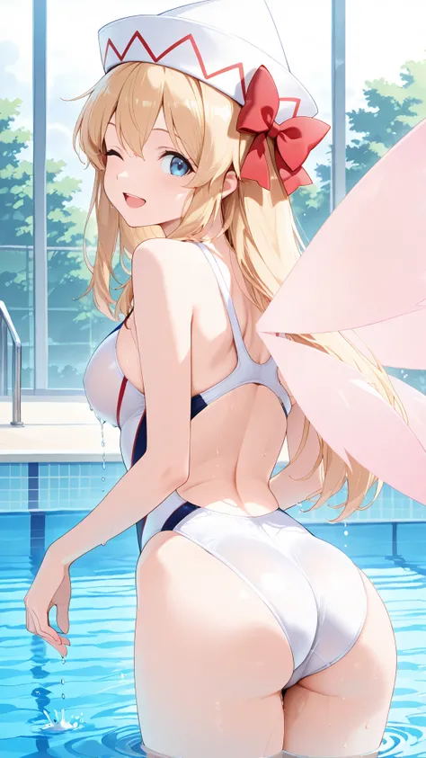 white hat,lily white, 1girl, solo, blue eyes, blonde hair, long hair, fairy wings,White Competition swimsuit ,wink,from behind, look back ,swimming pool, just finished swimming laps,water dripping from her body. show off breasts, nsfw