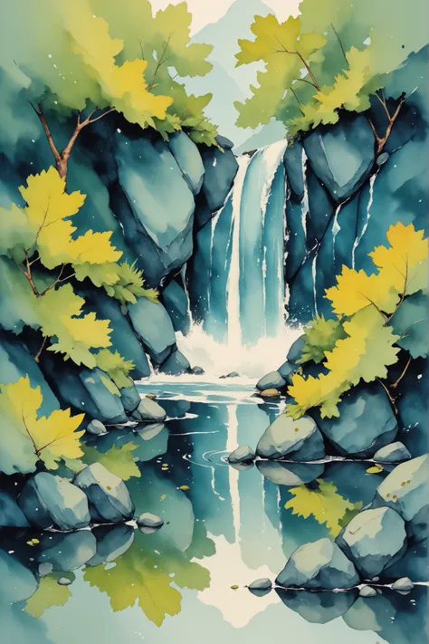 (masterpiece, best quality), watercolor style, large summer waterfall flowing into a crystal-clear basin, no man-made objects, no statues, no pillars, surrounded by mossy rocks and bright green foliage, sunlight filtering through trees, clear reflections o...