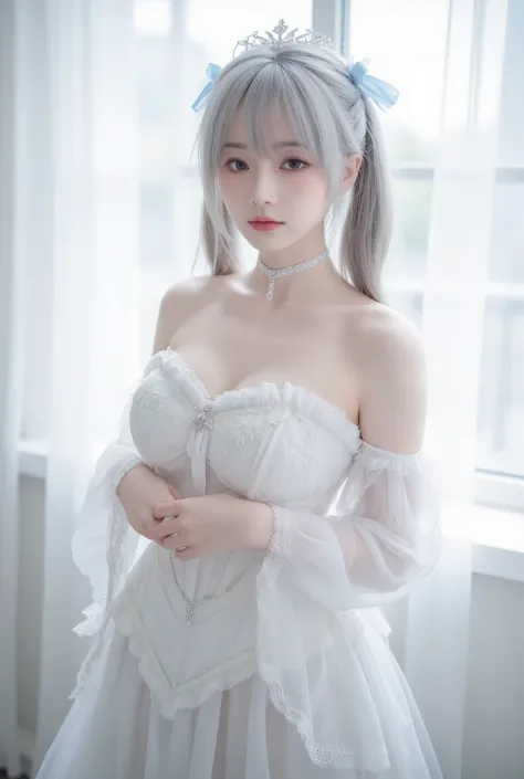 ultra-realistic photo of a beautiful Japanese female cosplayer dressed as a fantasy snow princess, with long silver-gray twin-tail hair and soft bangs partly covering her eyes, wearing a small silver tiara and light blue ribbons on both sides of her head. ...