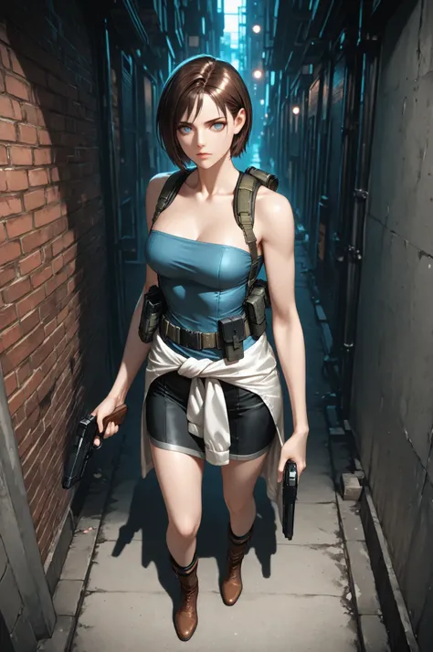 jill valentine, 1girl, solo, short hair, brown hair, blue eyes, medium breasts, tube top, skirt, clothes around waist, mature, suspenders, utility belt, eyesHD, high gradient eyes, detailed eyes, high definition eyes, full body view, anatomically accurate ...