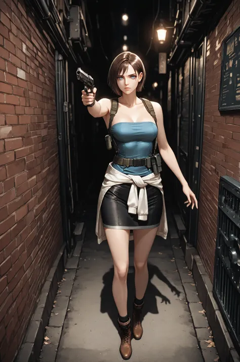 jill valentine, 1girl, solo, short hair, brown hair, blue eyes, medium breasts, tube top, skirt, clothes around waist, mature, suspenders, utility belt, eyesHD, high gradient eyes, detailed eyes, high definition eyes, full body view, anatomically accurate ...