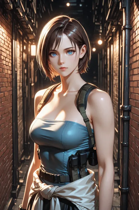 jill valentine, 1girl, solo, short hair, brown hair, blue eyes, medium breasts, tube top, skirt, clothes around waist, mature, eyesHD, high gradient eyes, detailed eyes, high definition eyes, upper body view, detailed portrait, anatomically accurate ratio,...