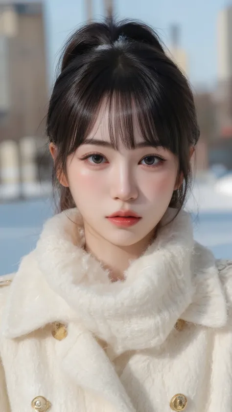  The coat is elegantly tailored, double-breasted with gold buttons, and has a slightly flared silhouette, giving it a stylish yet cozy look. She wears a soft ivory-white knitted scarf wrapped around her neck, draping gently over her coat,Snowy cityscape,Cl...