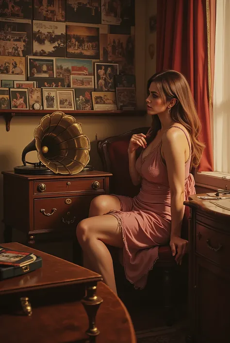 An Italian interior in the 1960s. An elegant lady sits by the window listening to music on a vintage gramophone. In her right hand she holds a record case featuring a movie scene illustration; her left hand rests lightly on her knee. The gramophone is a vi...