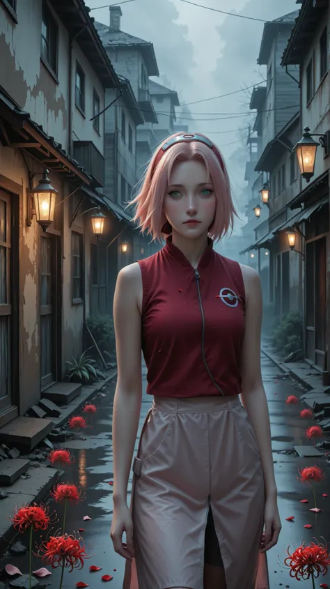1girl, haruno sakura, pink hair, short, hair, green eyes, forehead protector, Mysterious and stoic, calm amidst horror, Town street from Silent Hill f, abandoned Japanese buildings overtaken by crimson flowers and pulsating organic growths, Extremely thick...