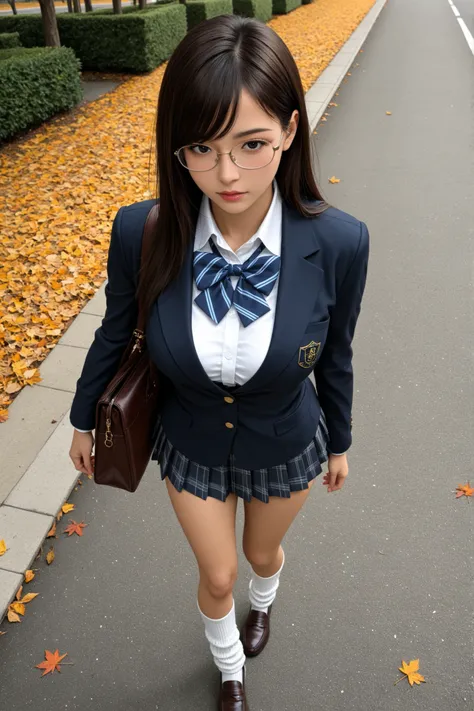 masterpiece, Highest Quality, high resolution, (beautiful adult brown skin woman:1.2), swept bangs, sideburns ,slender,slim legs  ,(brown straight hair:1.0), shirt,slim legs, black eyes,high school uniform, blazer,blue striped bowtie, pleats skirt, dark br...