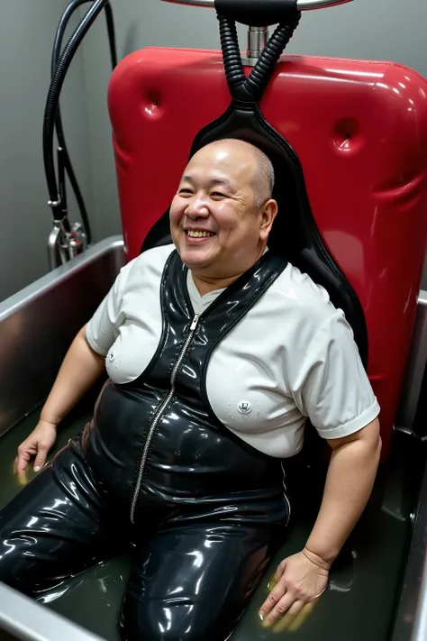 wet clothes,a 74 year old fat elderly asian FictionalChoi that is bloated in the arms legs and belly to epic proportions of obesity, his face is wrinkled and dried, he smiles as he is submerged inside a stainless steel vat of mud chest deep, he is wearing ...