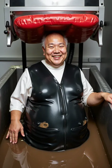 wet clothes,a 74 year old fat elderly asian FictionalChoi that is bloated in the arms legs and belly to epic proportions of obesity, his face is wrinkled and dried, he smiles as he is submerged inside a stainless steel vat of mud chest deep, he is wearing ...