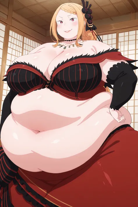 plump,fat,hyper fat,hyper obese,WeightImmobile, bast m (:ゼロ), 1girl, Priscilla Barielle,赤い目,オレンジ色の髪の毛,
hmpris, long hair, braided bangs, low ponytail, hair ornament, choker, collarbone, necklace, cleavage, bare shoulders, red dress, detached sleeves, black...