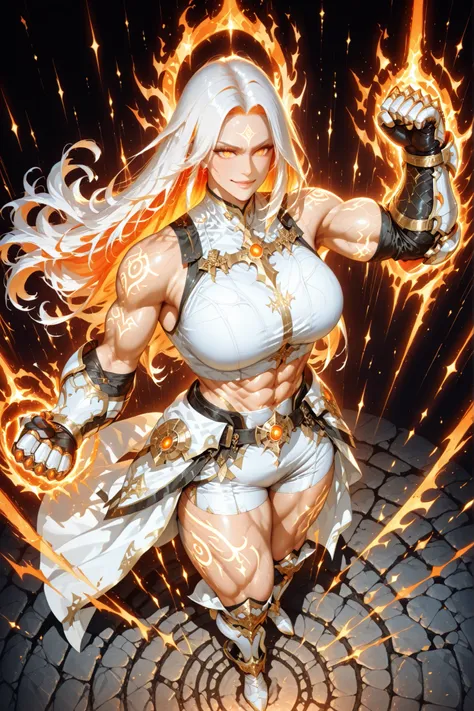 mature female, milf, motherly,fist gauntlets,Full body shot at a 45° angle from above, showing the face of an mature adult mother sexy kind muscular beautiful tall woman with fair skin and a warm, motherly smile. Long radiant white hair with vivid orange s...