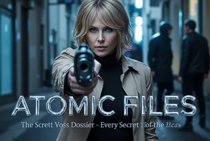 "Movie Poster Design for 'ATOMIC FILES – The Scarlett Voss Dossier'
Create a high-resolution cinematic movie poster featuring a mysterious blonde woman with sharp blue eyes and short hair, pointing a gun directly at the viewer. She wears a beige trench coa...