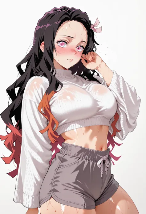 score_9, score_8_up, score_7_up, source_anime, sweat, sweaty, large breasts, looking at viewer, standing, sweay:1.3,, navel, midriff,, large breasts, nose blush, solo, female, thick thigh, thick thighs, sweat, sweaty, sweaty:1.3, white background, simple b...