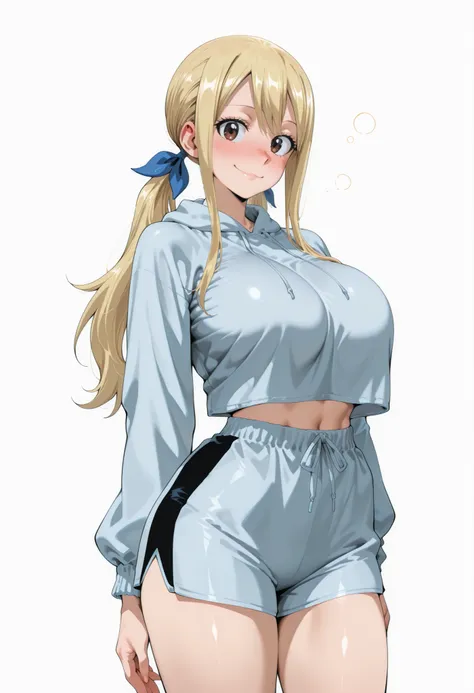 score_9, score_8_up, score_7_up, source_anime,  lucy heartfilia, long hair, blonde hair, large breasts, brown eyes,,, blue hair ribbon,, blush, drunk,, , looking at viewer,, , solo,, large breasts, big ass, thick thigs, wide hips, slim waist, mature body, ...