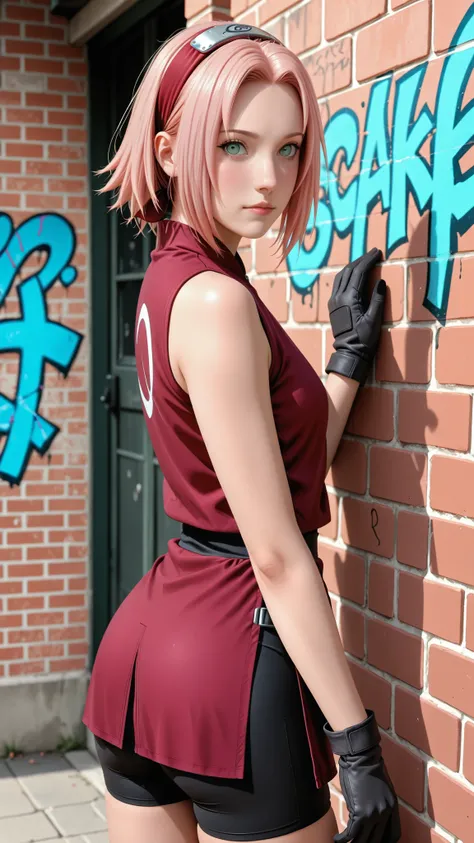 1girl, haruno sakura, pink hair, short, hair, green eyes, forehead protector
sleeveless, red shirt, bike shorts, shorts, black gloves, a brick wall with graffiti at background