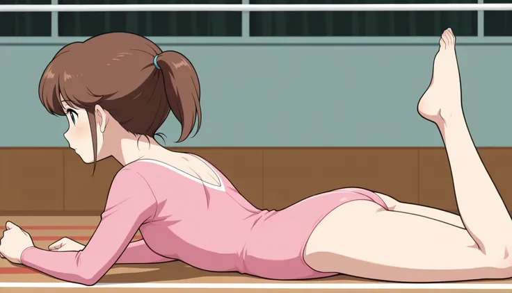 1 girl cute pink leotard long sleeve leotard Rhythmic gymnastics a short ponytail brown hair in practice Barefoot gymnasium, prone, on stomach,