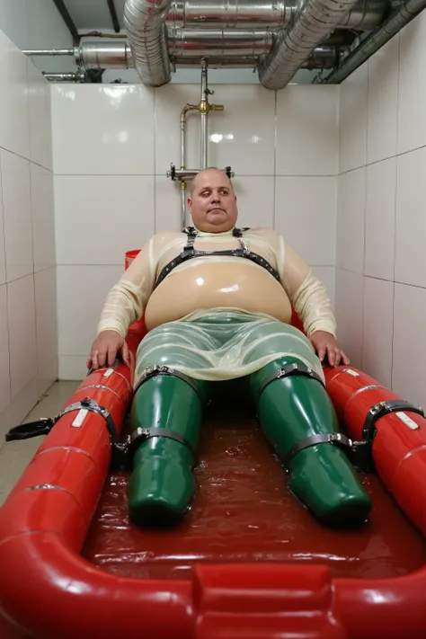 An elderly obese man in steamy bathhouse wearing translucent vinyl raincoat over swollen body wearing green rubber pants, thick black locking seguflux rubber straps securing him to a red rubber conveyor belt, gleaming brass nozzles dispensing warm thick li...