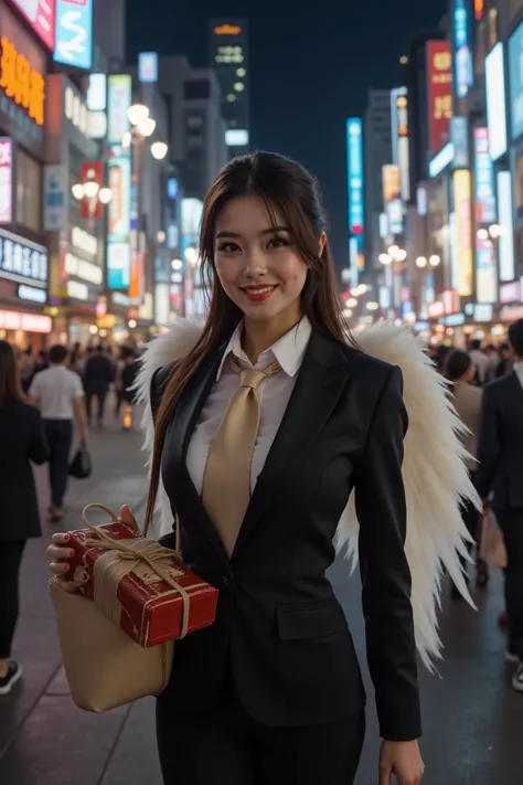 a stunningly beautiful female angel in a business suit, walking unsteadily through Shimbashi SL Square at night; her cheeks are flushed red with a tipsy glow, her expression mixing happiness and embarrassment; a loosened necktie is tied playfully around he...