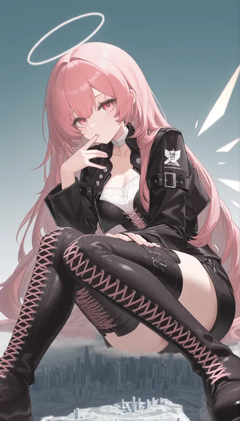 lemuen_\(arknights\) ,  pink eyes , pink hair ,  straight_hair,  white halo,energy wings,,white choker , cropped jacket,cross-laced dress ,bustier,belt buckle,arm belt,zipper,  zettai ryouiki, white_shirt, flower_ornament ,  lace-up boots,, finger to mouth...
