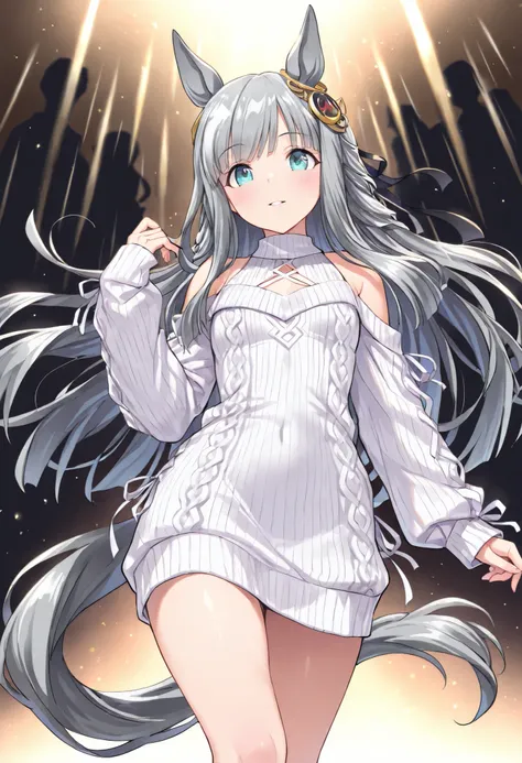 (masterpiece, best quality, perfect face:1.4), wide angle, chrono genesis\(umamusume\), 1girl, floating hair, horse ears, ear ornament, tail on the lower back, horse tail, proportional body, proportional,1 girl, beautiful hair, beautiful face, beautiful de...