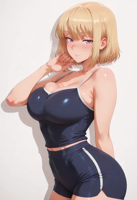 masterpiece, best quality, amazing quality, 1girl, solo, looking at viewer, blushing,, mature girl,side view, light smile, seductive, short hair, blonde hair, purple eyes, , ,bubble breasts, seductive twist, exaggerated voluptuous figure with impossibly la...