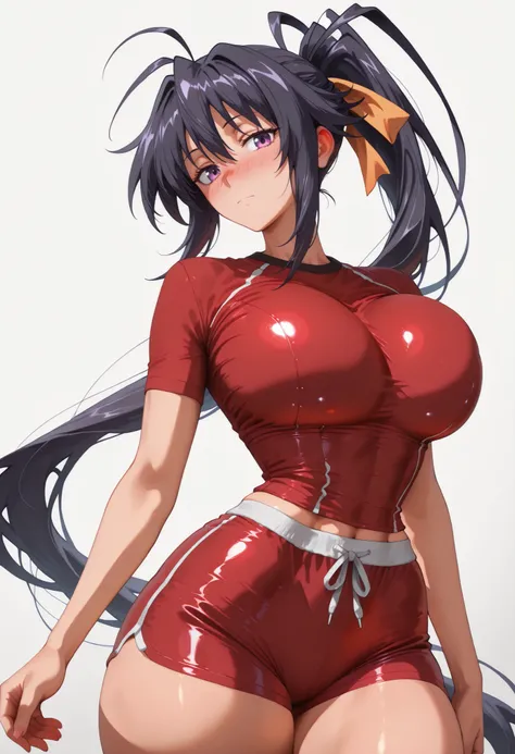 cowboy shot of ((large breast)), ((Thicc)), (()), (wide hips), 1girl, akeno himejima, long hair, black hair, ribbon, very long hair, purple eyes, hair ribbon, ponytail, antenna hair, looking at viewer, shiny skin, shiny hair, shiny body, clear body, nose b...
