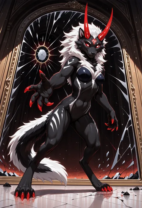 sharrax, ((((feral)))), ((female)), straight glowing horns,red glowing eyes without pupils, red glowing claws, pitch black body fur, luminous white mane, luminous white-black tail,abstract painting, 8K resolution, High detail, Realistic fur texture,
((high...