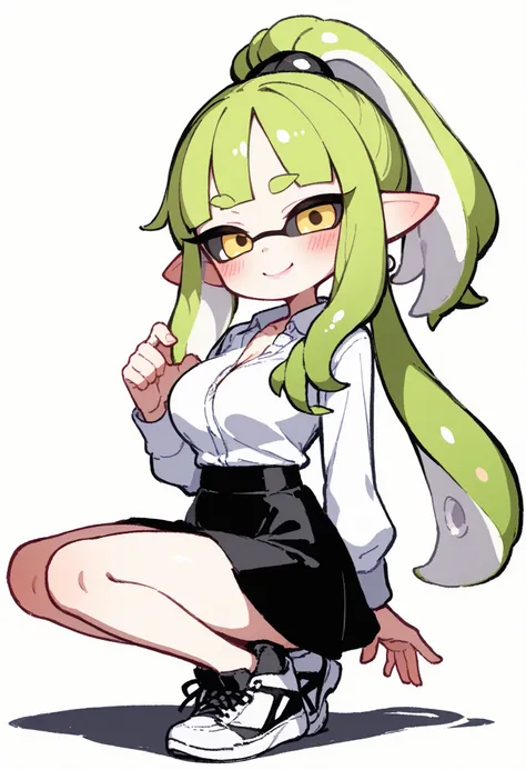 nsfw、masterpiece、high resolution、Highest Quality、Slightly strong contrast、realistic with a full body crouching、deformed、1 Cute Splatoon Girl、Inkling、Full Body、detailed face、beautiful faces、Big, Cute Eyes、black sclera、beautiful eyes、golden eyes、long lashes、...