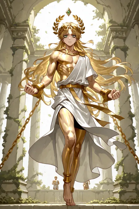 Ancient greek God, middle-edged man (male character). He has tall mighty broad-shouldered body shape with masculine features. He has metallic gold skintone. (He chained with gold chains.) He has green eyes that glow like emeralds. He has black leaking blac...