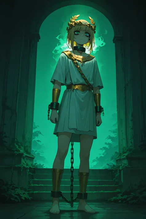 (LeIsT0_illu,) Ancient greek God, middle-edged man (male character). He has tall mighty broad-shouldered body shape with masculine features. He has metallic gold skintone. (He chained with white chains.) He has green eyes that glow like emeralds. He has bl...