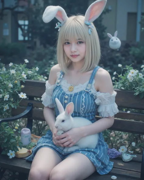 girl sitting on a bench with a rabbit on her lap, Small Faces、model body type、everyone, dreamy fantastic anime, with big rabbit ears, cute girl anime visual, bunny girl, yume nikki, Japanese pop surrealism, Alice falls down a rabbit hole, with long floppy ...