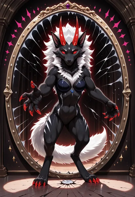 sharrax, ((((feral)))), ((female)), straight glowing horns,red glowing eyes without pupils, red glowing claws, pitch black body fur, luminous white mane, luminous white-black tail,abstract painting, 8K resolution, High detail, Realistic fur texture,
((high...