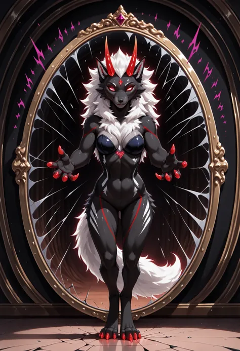 sharrax, ((((feral)))), ((female)), straight glowing horns,red glowing eyes without pupils, red glowing claws, pitch black body fur, luminous white mane, luminous white-black tail,abstract painting, 8K resolution, High detail, Realistic fur texture,
((high...