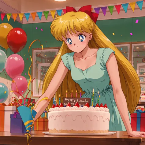 masterpiece, amazing quality, best quality, ultra-detailed, 8K, illustration, ultra-detailed-eyes, soft skin, very awa, very as2, soft body, 1990s \(style\), official art, ainominako, blonde hair, blue eyes, hair bow, half updo, long hair, small breasts, s...