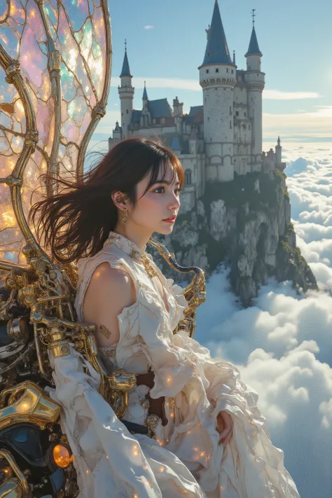 Ultra-realistic yet dreamlike cinematic painting style, inspired by the fantastical world of Inoue Naohisa’s Iblard. In the foreground: a steampunk-inspired futuristic flying machine with translucent mechanical wings, shimmering like stained glass, flappin...