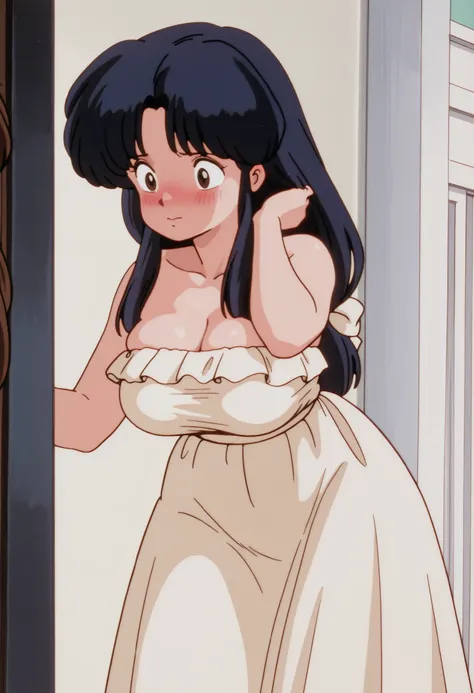 1 girl, akane tendou, dark blue hair, long hair tied, ojos cafes, Big breasts, NSFW, sexy waist,  sexy hips, detailed breasts, burting breasts, overfilled breasts, tight breasts, Large neckline,  white ribbon in the hair, completely white dress, long dress...