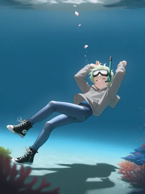 Hollister Jeans, disable censorship. adolescent boy, , sinking, Facing down , back up, underwater, Head up , Arms Up, legs slumped toward the bottom , Eyes closed, mouth slightly open, blisters coming out of the mouth.  light green hair , your eyes color b...