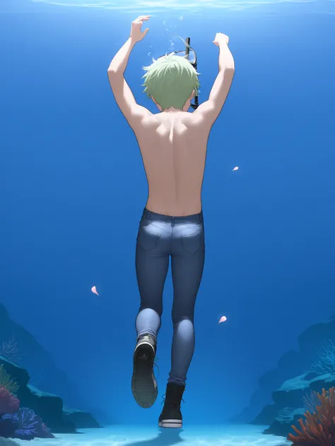 Hollister Jeans, disable censorship. adolescent boy, , sinking, Facing down , back up, underwater, Head up , Arms Up, legs slumped toward the bottom , Eyes closed, mouth slightly open, blisters coming out of the mouth.  light green hair , your eyes color b...